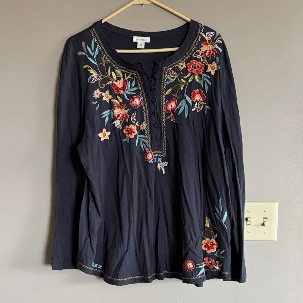 Sundance Slate Long-Sleeve Henley with Floral Embroidery